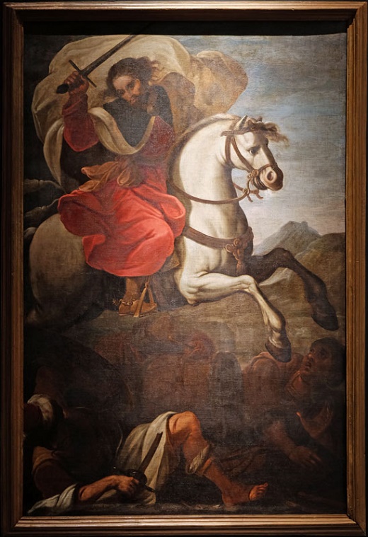 Santiago en la Batalla de Clavijo. Anónimo. Segundo cuarto del siglo XVII. Óleo sobre lienzo / 195 x 136 cm. Fundación Simón Ruiz. Obra depositada en el Museo de las Ferias. Obra restaurada por Francisco Boldo Pascua con la financiación de la Asociación “Mujeres en Igualdad” de Medina del Campo