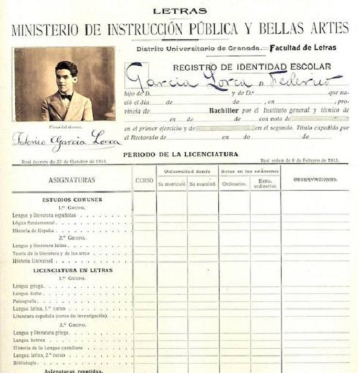 Ficha de Federico García Lorca en la Facultad de Letras de Granada en 1915