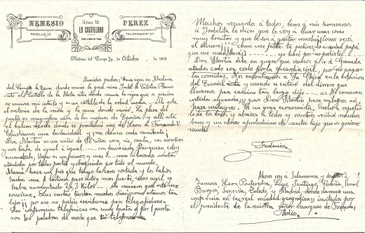 Carta de Federico García Lorca, escrita en el Hotel “La Castellana” de la calle de Padilla (cuyo edificio aún existe, aunque transformado), fue dada a conocer por primera vez en el diario ABC de 3 de febrero de 1990