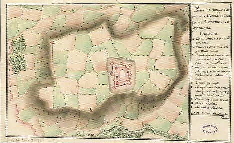 Plano de 1764 castillo de la Mota y sus alrededores, en el que se reseña el pozo de la nieve (señalado con una H en el ángulo superior derecho), lugar conocido ahora como Mirador de la Reina. Ministerio de Cultura. Archivo General de Simancas MPD, 13,134.— en Medina del Campo.