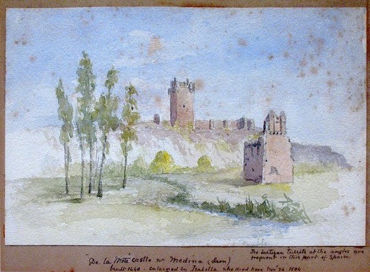 Castillo de la Mota. Henry Willis Baxley (atribución) 1871-1874. Dibujo acuarelado / 14’7 x 22’7 cm. Colección Particular Inscripciones manuscritas al pie: "’De la Mota’ castle in Medina (Leon) / built 1440 enlarged by Isabella who died here Nov’ 26, 1504”(“Castillo de la Mota en Medina (León) / Construido en 1440, ampliado por Isabel quien murió aquí el 26 de noviembre de 1504 (sic)”) “The bartizan turrets at the angles are / frequent in this part of Spain” (“Las torres almenadas en los ángulos son frecuentes en esta parte de España”) Errata corregida de la inscripción manuscrita: ("Castillo de la Mota en Medina (León) Medina del Campo (Valladolid)