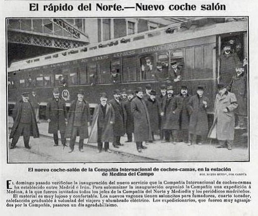 HISTORIA DE LA ESTACIÓN DE RENFE. "HOJA RECORTE DE REVISTA-MEDINA DEL CAMPO RÁPIDO DEL NORTE NUEVO COCHE SALÓN TREN FERROCARRIL .AÑO 1905"