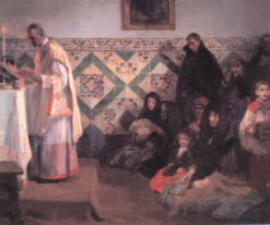 La iglesia, en retroceso en las grandes ciudades, conservaba una gran influencia en las provincias más apartadas. Ofendo misa,ó;leo de José Benlliure Gil (1855-1937). Museu de Belles Arts. Valencia