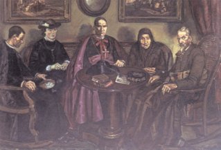 Los grades propietarios, en sintonía con la iglesia católica, dominaban la vida de las pequeñas ciudades castellanas. La visita del obispo, óleo de José Gutiérrez Solana. 1926. Museo Nacional Centro de Arte Reina Sofía, Madrid