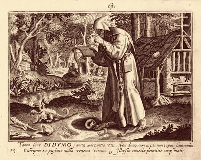 San Dymo. Caerel van Bockel. - Didymo, eremita. Caerel van Bockel; c. 1600. A partir de dibujos de Maarten de Vos.