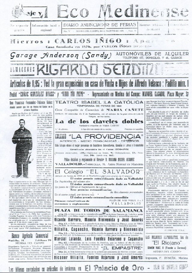 El Eco Medinense de fecha 30 de agosto de 1931