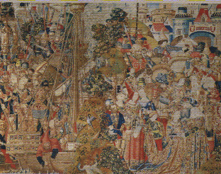 Atribuido a Henry de Vulcop y Pasquier Grenier, El rapto de Helena, detalle del tapiz de la serie de la guerra de Troya. Zamora, Catedral.