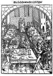 Reproducción de un grabado en madera que muestra un banquete presidido por la reina Isabel. 