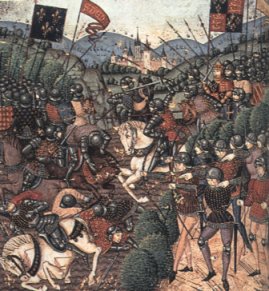 Combatientes de la batalla de Azincourt (1415), gran victoria de Enrique V de Inglaterra frente a Carlos VI de Francia. Miniatura. Siglo XV.