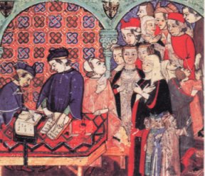Operaciones de un banquero medieval. Miniatura de un manuscrito del siglo XIV. Museo Británico. Londres