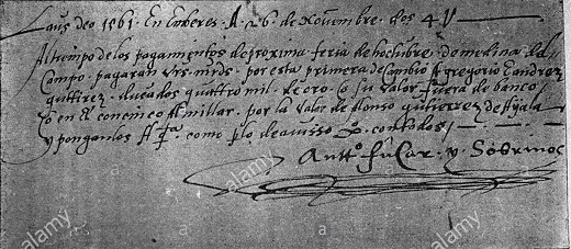 Letra de cambio para pagar en la Feria de medina del Campo - S XVI. Ubicación Biblioteca Nacional de Colección. Madrid. España.
