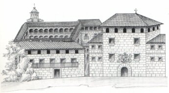 Intepretación artística del Palacio Real Testamentario desde la Plaza Mayor de la Hispanidad, basada en el dibujo panorámico de Van der Wyngaerde, realizada por Isabel Izquierdo