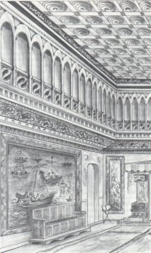 Concepción artística del salón del trono o -salón de los artesanados dorados- que Osorio menciona y llegó a ver, dibujado por Isabel Izquierdo, inspirado en otro de A.Prats. Enlace