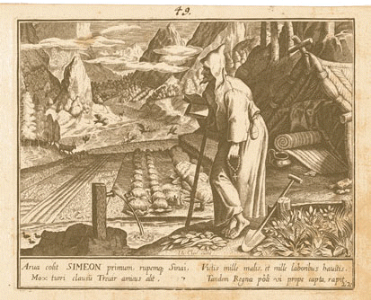 San Simeón. Isaac van Haelbeek / Jean le Clerc Excudit. - Simeón, eremita. Isaac van Haelbeek / Jean le Clerc excud(it).   A partir de dibujos de Maarten de Vos. 