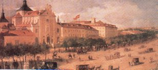 Madrid era el centro de la red de rutas de transporte españolas del Setecientos. Vista de la calle de Alcalá a mediados del siglo XVIII. Óleo de Antonio Joli. Museo Municipal, Madrid