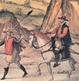 Caballero de viaje con su escudero. Detalle del grabado dedicado a Loja en Civitates orbis terrarun, de G. Braun y F. Hogenberg, Biblioteca Nacional. Madrid
