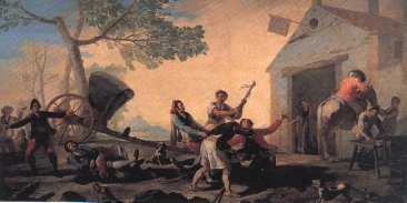 La riña entre majos y aldeanos representada por Francisco Goya se desarrolla frente a una venta en la que se ha detenido una silla de postas y que sirve de punto de relevo de caballos. Museo Nacional del Prado, de Madrid.