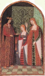 Los Reyes Católicos junto a su hija, la futura Juana I de Castilla. Miniatura del devocionario de Juana la Loca. de Pedro Marcuello (1482). Museo Condé. Chantilly.