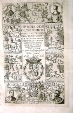 Portada del libro: Antonio de Herrera, Historia general de los hechos de los castellanos en las islas i tierra firme del mar océano. Madrid, 1726 (Biblioteca de Santa Cruz)