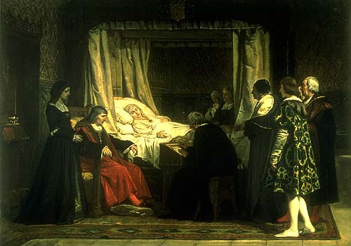 Eduardo Rosales. doña Isabel la Católica dictamento su Testamento. Óleo sobre lienzo (187 x 398 cm.) Museo Nacional del Prado (fragmento) 