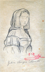 Eduardo Rosales. Dibujo del personaje de Dª Juana para el Testamento de Isabel la Católica, 1863. Lápiz sobre papel. (17,5 x 12,5 cm)  Colección paticular