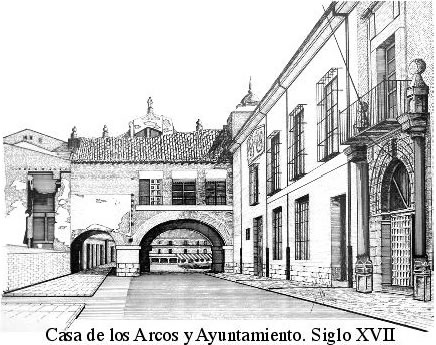 Casa de los Arcos y Ayuntamiento, vistos desde la calle Gamazo. Siglo XVII. dibujo a plumilla realizado por Juan Antonio del Sol