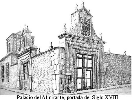 Palacio del Almirante, portada del siglo XVIII. Dibujo realizado a plumilla por Juan Antonio del Sol