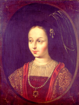 Beatriz Busto en óvalo, de tres cuartos Retrato de dama joven. Óleo sobre tabla. a la izquierda, vestida a la moda borgoñona de fines del siglo XV, con tocado negro de alto capirote hacia atrás con velo transparente y joyel corpiño rojo, de gran descote, camisa de lienzo rizado, collar de perlas con joyel y capita de brocado. Dimensiones: 653 por 505 mm. OBSERVACIONES: Foto Gudiol 15.622, Vernacci y Hauser. Engatillado y restaurado. (CAMPS CAZORLA, Emilio 1949-1950) .