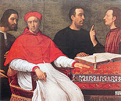 César Borgia, que en la imagen aparece junto al cardenal Pedro Loys Borgia, al propio Maquiavelo y a Micheletto Corella, habría sido el inspirador de “El Príncipe”. Cuadro de un maestro del Cinquecento. 