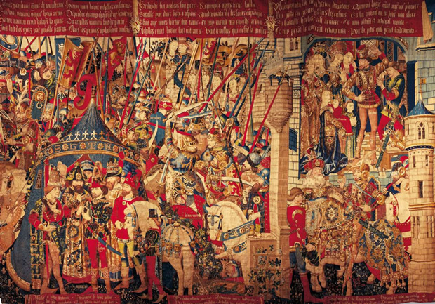 La Tienda de Aquiles Tapiz de la serie La Guerra de Troya. Taller de Tournai. Hacia 1470 Lana y seda (16 tonos de rojo rosceo, pardo-beige, azul y verde) / 467 x 690 cm