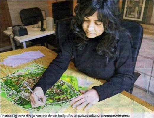 Cristina Figueroa dibuja con uno de sus bolígrafos un paisaje urbano. Fotos:Ramón Gómez