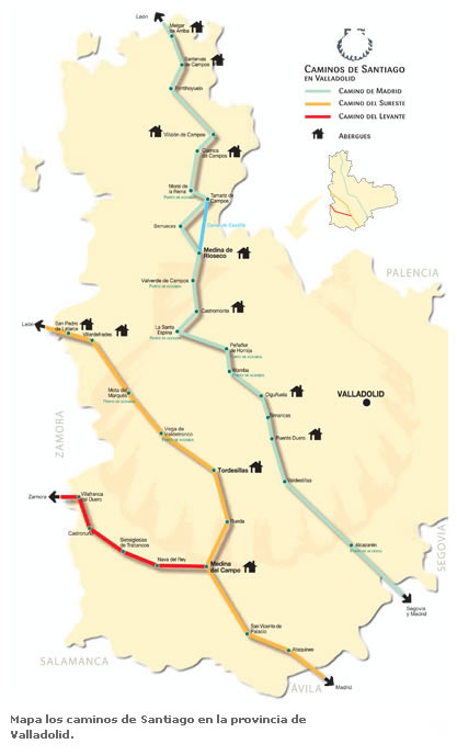 Mapa de los Caminos de Santiago en la provincia de Valladolid