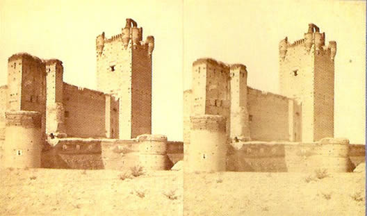 Lienzo noroeste y torre del homenaje del Castillo de la Mota (vista esteoscópica). Jean Laurent. 1877