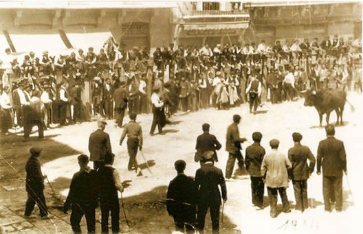 Un novillo en la acera del Portillo de la Plaza mayor. 1914