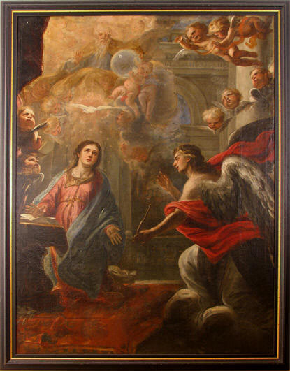 La Anunciación 
Anónimo madrileño
Última década del siglo XVII 
Óleo sobre lienzo / 190 x 143 cm.
Inscripción al dorso: “ + A D frº ruiz monzo g e [ilegible]”
Colegiata de San Antolín. Medina del Campo