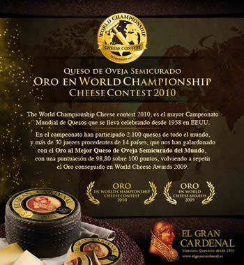 El Gran Cardenal de Medina del Campo ha siido ganador del campeonato 'The World Championship Cheese contest 2010' el Oro al Mejor Queso de Oveja Semicurado del Mundo