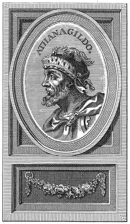 Athanagildo sexto Rey de los Godos. Reinó solo catorce años desde el 554 de Cristo hasta el de 568 en que murió.
