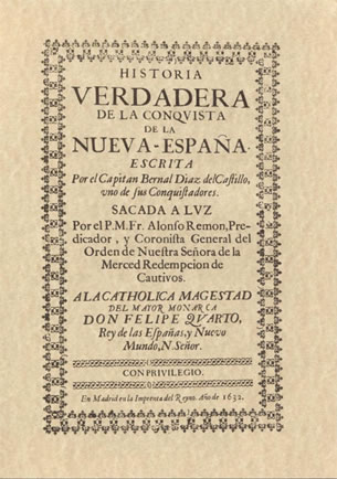 Portada de la Historia verdadera de la Conquista de la Nueva España de Bernal Díaz del Castillo