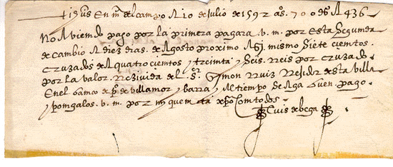 Letra de cambio girada de Medina del Campo sobre Lisboa, por Luis de Vega a favor de Simón Ruiz. Medina del Campo, 10 de julio de 1592
Manuscrito sobre papel / 9 x 21’5 cm.
Colección de Dª Adela Espada 