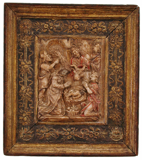La Adoración de los Pastores Gillos Nens / Monograma "GND(montada)N" Hacia 1600. Alabastro policromado, madera y cuero repujado / 12'5x10 cm. (con marco 22x19'5 cm.)