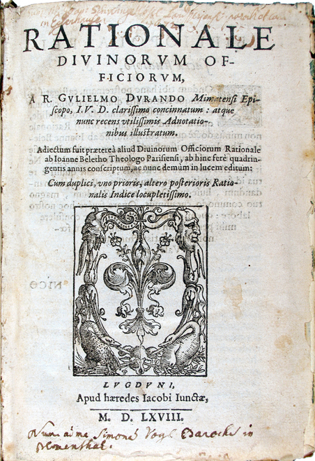 Rationale divinorum officiorum. Guillaume Durand (Guillermo Durando) Imprenta herederos de Jacobo Giunta. Lyon, 1568. Libro impreso sobre papel (17 x 11'5 cm.). Encuadernación renacentista gofrada. Fundación Museo de las Ferias