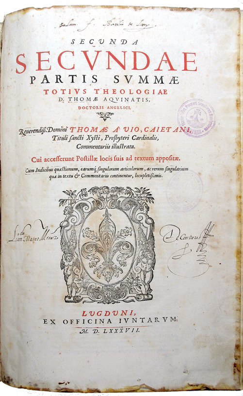 Secunda secundae partis Summae Totius Theologiae. Sto. Tomás de Aquino. Imprenta de los Giunta. Lyon, 1587. Libro impreso sobre papel (35 x 24 cm.). Encuadernación mudéjar en cuero repujado. Convento de PP. Carmelitas Descalzos. Medina del Campo