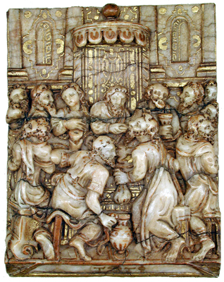 La Última Cena (Jesús entrega el bocado de pan mojado a Judas) Tobías Tissenaken / Monograma "TT" (con ancla y cáliz) Hacia 1600 Alabastro dorado / 13x9'5 cm.