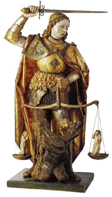San Miguel Arcángel Anónimo Flamenco. Principios del siglo XVI (repolicromado del siglo XVIII) Madera de nogal policromada / 74 x 36 x 30 cm.