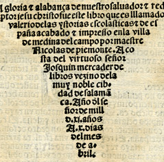 Colofón del Valerio de Historias Escolásticas, Medina del Campo, 1511, primer libro impreso en la villa