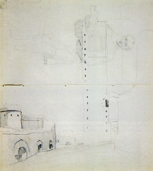 Torre del Castillo de la Mota desde la liza
 Eduardo Rosales, 1872
 Lápiz sobre papel / 6’8 x 12’5 cm + 6’8 x 12’5 cm
 Colección particular
 Hasta ahora catalogado como Castillo de Sigüenza