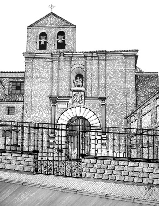 Fachada principal de la antigua iglesia de San Martín, hoy Museo de las Ferias de Medina del Campo. Dibujo a plumín autor página. 