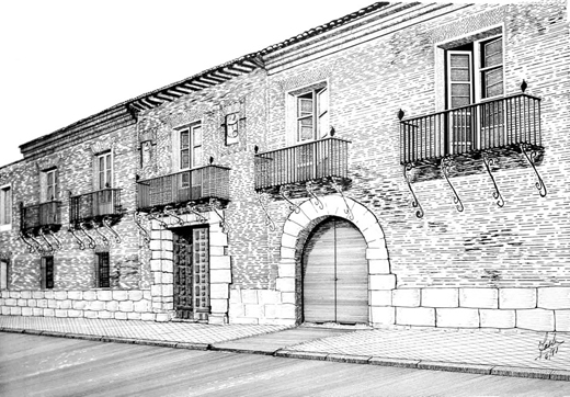 Casa-Palacio del Conde de Adanero, calle Alfonso de Quintanilla. Medina del Campo. Dibujo a plumín autor página.
