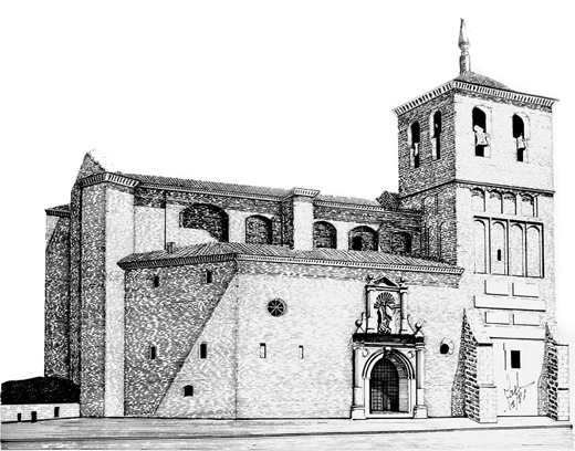 Fachada principal de la Parroquia de San Miguel Arcángel. Dibujo a plumín autor página. 