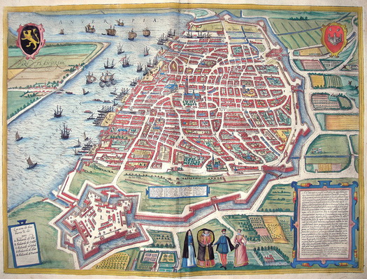 Vista de Amberes. Civitates Orbis Terrarum, vol. I, lám. 17. Georg Braun (edición) / Franz Hogenberg (grabado) a partir de dibujo de Ludovico Guiccardini (Descrittione di tutti i Paesi Bassi, 1567). Colonia, 1572 (primera edición latina). Calcografía coloreada / 34 x 47’8 cm (huella). Fundación Museo de las Ferias Vista de Amberes